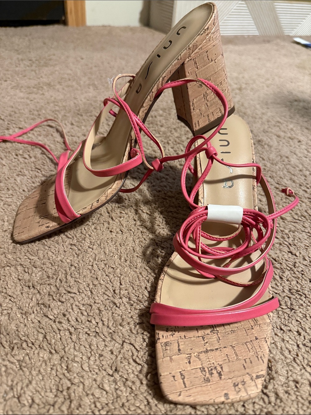 Unisa Coral Pink Cork Block Heel Lace-Up Sandals